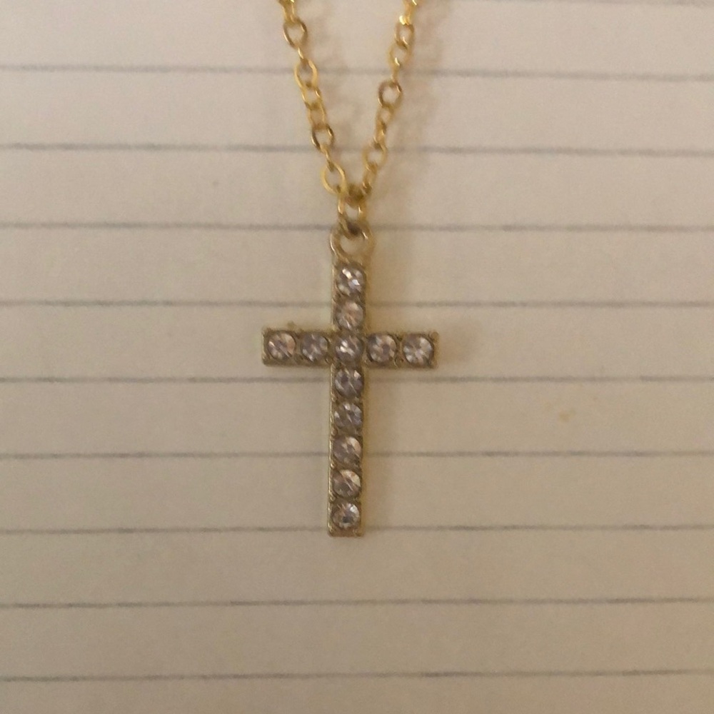 Gold Cross Pendant Necklace with Clear Stones